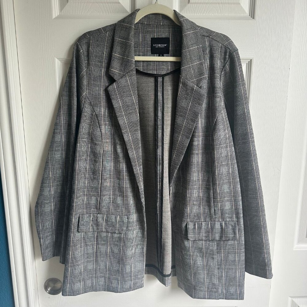 Liverpool Boyfriend Blazer Open Front Gray White Sand Plaid XL